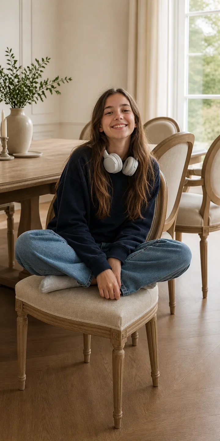 Armlehnenstühle im Esszimmer | Teenagerin mit Kopfhörern im Schneidersitz | Polster restaurieren Armlehnenstühle nach der Restauration: Teenagerin mit Kopfhörern im Schneidersitz im Esszimmer (Visualisierung, Polster restaurieren)