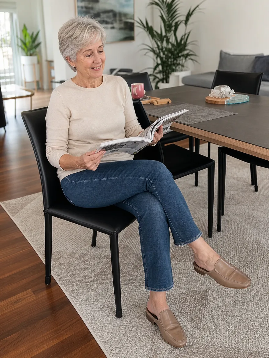 Lederfreischwinger im Wohnzimmer | Frau mit kurzen grauen Haaren beim Lesen | Möbel reparieren Lederfreischwinger nach der Polsterreparatur: Frau mit kurzen grauen Haaren beim Lesen im Wohnzimmer (Visualisierung, Möbel reparieren)