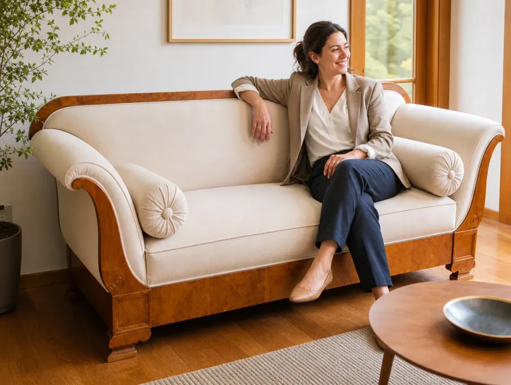 Antiksofa im Wohnzimmer | Frau nach der Arbeit | Möbelrestauration Antiksofa nach der Restauration: Frau nach der Arbeit im Wohnzimmer (Visualisierung, Möbelrestauration)