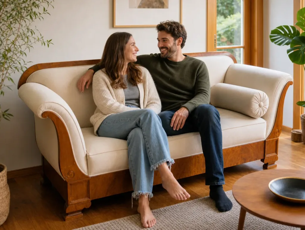 Antiksofa im Wohnzimmer | Paar nah beieinander | Polster restaurieren Antiksofa nach der Restauration: Paar nah beieinander im Wohnzimmer (Visualisierung, Polster restaurieren)