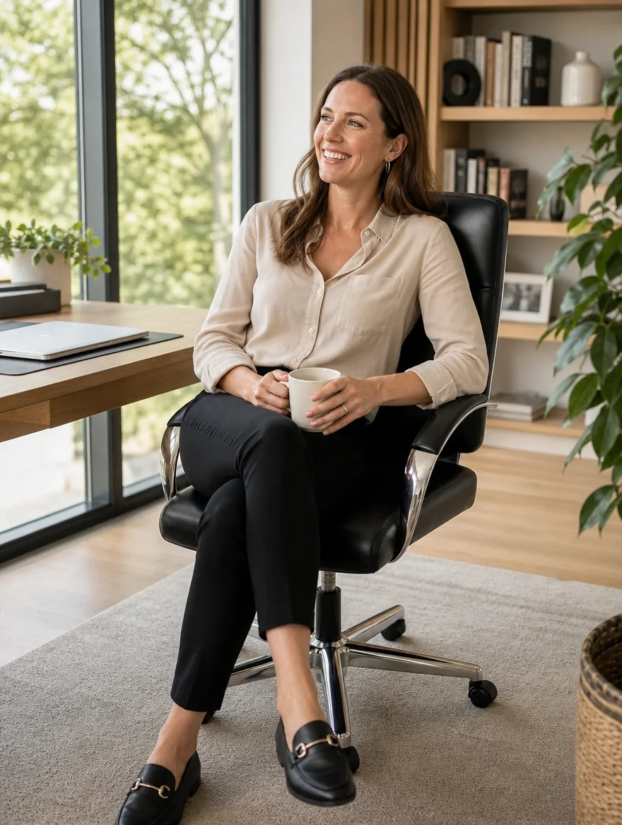 Bürostuhl im Home-Office | Frau nach der Arbeit | Polstermöbel nach Mass Bürostuhl nach der Massanfertigung: Frau nach der Arbeit im Home-Office (Visualisierung, Polstermöbel nach Mass)