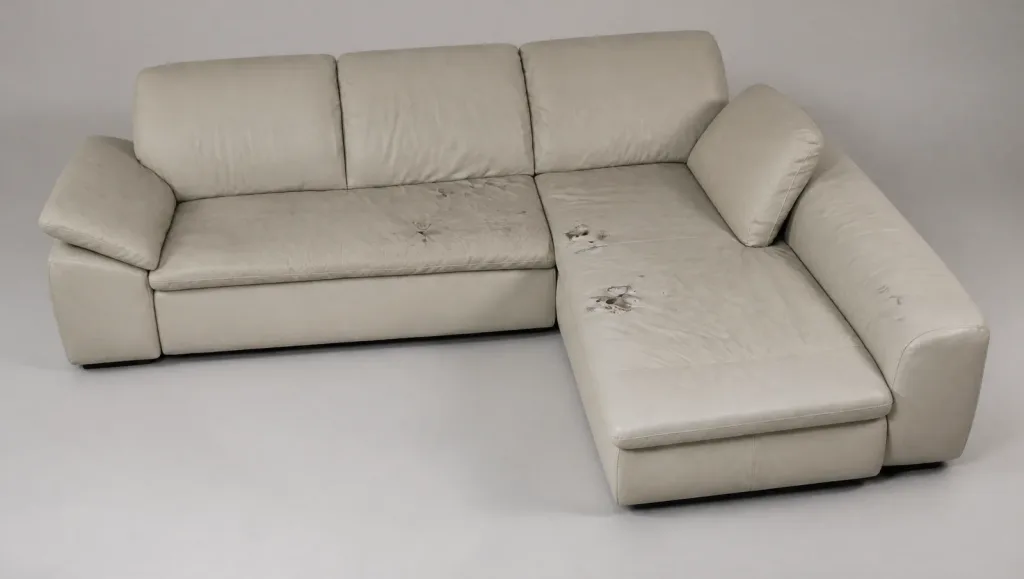 Das Sofa im Ausgangszustand, die Sitzfläche deutlich gewellt | Ledersofa Polster restaurieren Das Sofa im Ausgangszustand, die Sitzfläche deutlich gewellt (Ledersofa, Möbelrestauration im Zürcher Oberland)