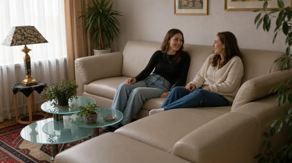Ledersofa im Wohnzimmer | zwei Freunde im Gespräch | Möbelrestauration Ledersofa nach der Restauration: zwei Freunde im Gespräch im Wohnzimmer (Visualisierung, Möbelrestauration)