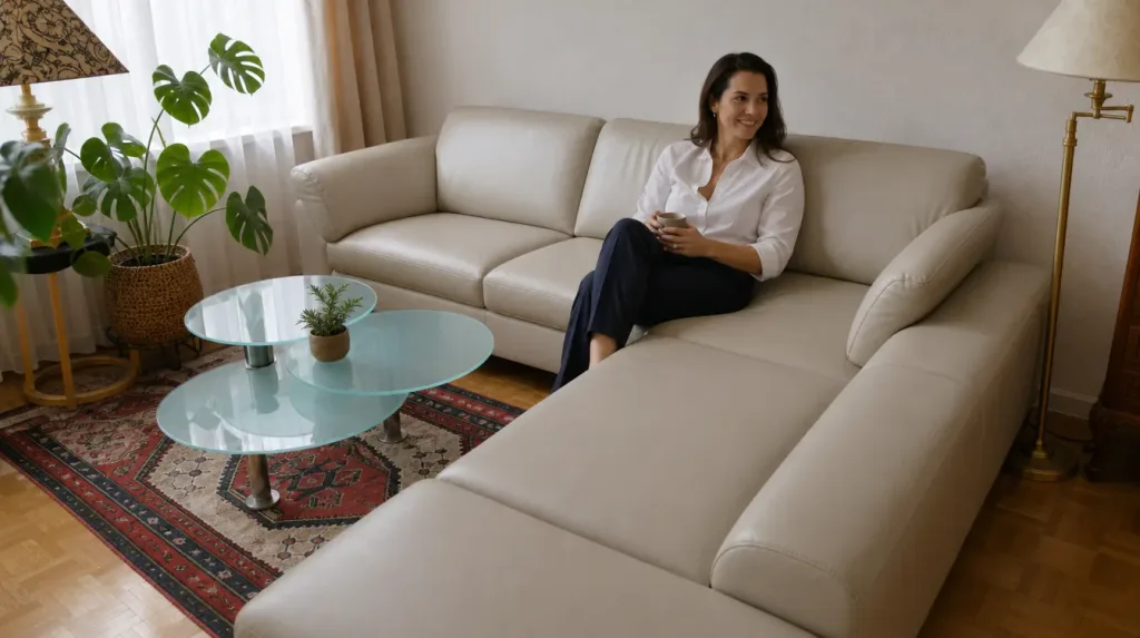 Ledersofa im Wohnzimmer | Frau nach der Arbeit | Polster restaurieren Ledersofa nach der Restauration: Frau nach der Arbeit im Wohnzimmer (Visualisierung, Polster restaurieren)