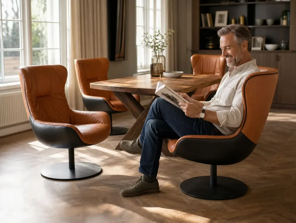Sessel Leya nach der Restauration: Mann mit Buch im Esszimmer (Visualisierung, Polster restaurieren)