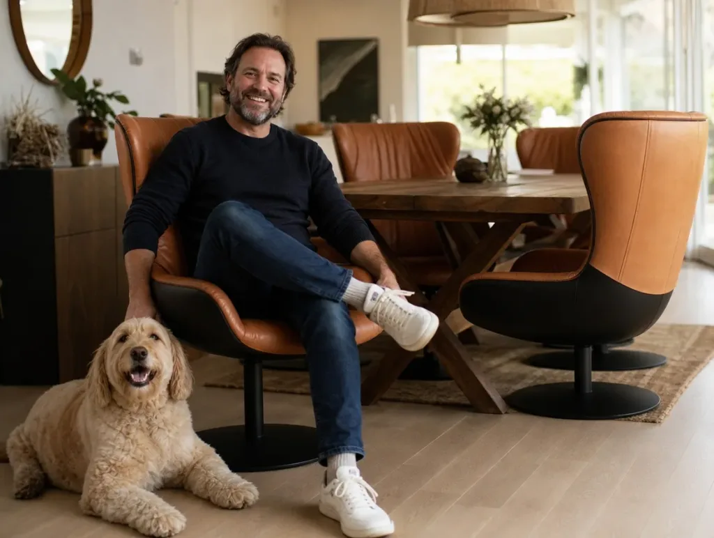 Sessel Leya im Esszimmer | Mann mit Hund | Möbelrestauration Sessel Leya nach der Restauration: Mann mit Hund im Esszimmer (Visualisierung, Möbelrestauration)