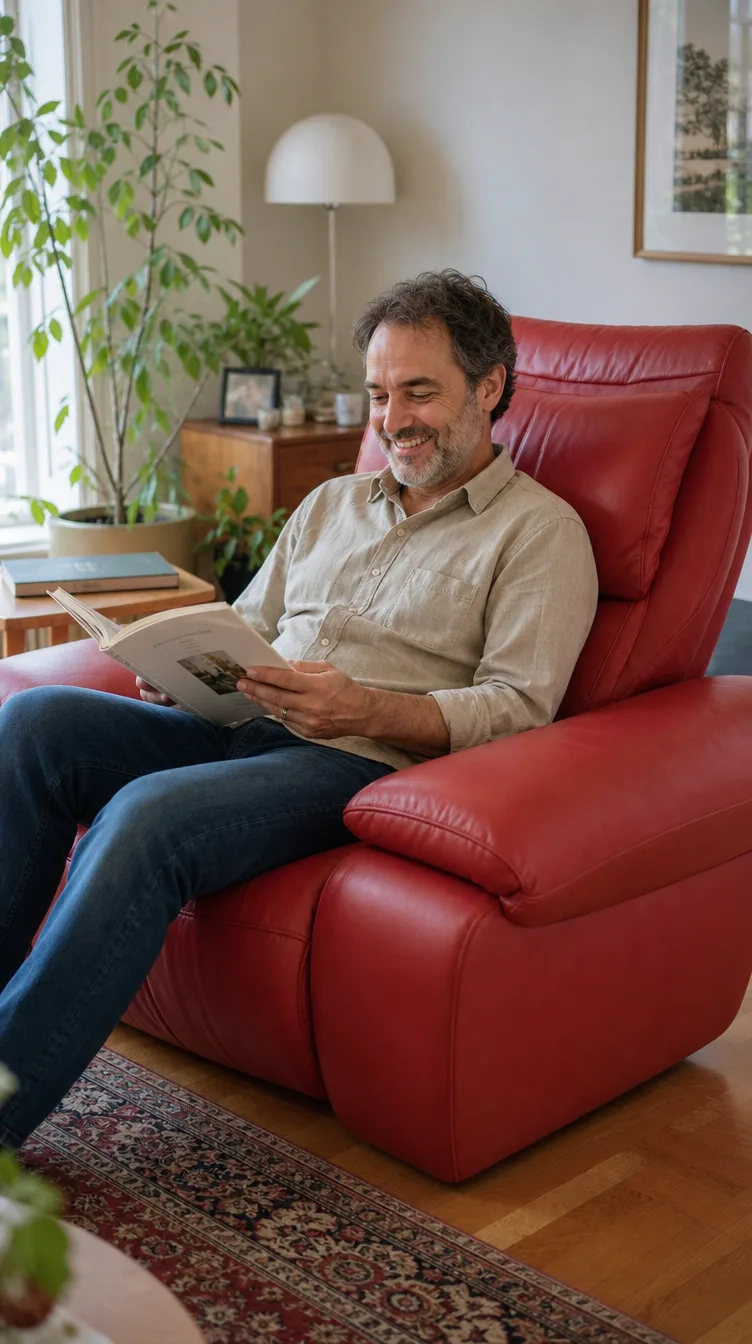 Himolla Relaxsofa im Wohnzimmer | Mann mit Buch | Sofa neu beziehen Himolla Relaxsofa nach dem Neubezug: Mann mit Buch im Wohnzimmer (Visualisierung, Sofa neu beziehen)