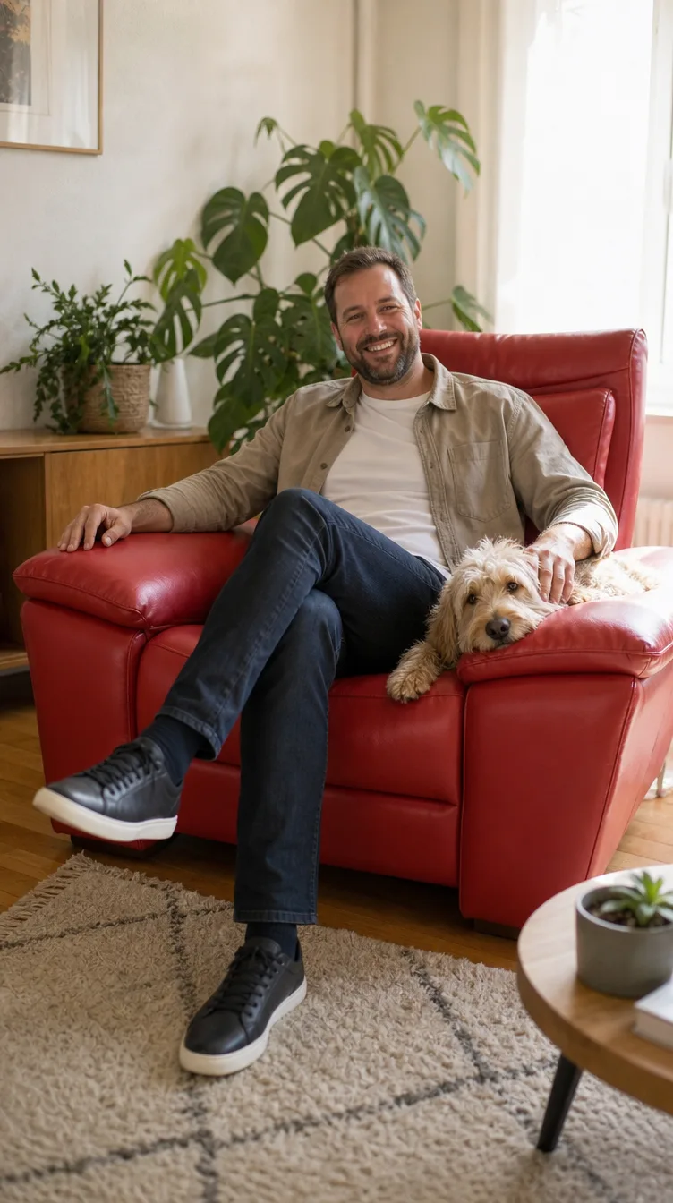 Himolla Relaxsofa im Wohnzimmer | Mann mit Hund | Neubezug Himolla Relaxsofa nach dem Neubezug: Mann mit Hund im Wohnzimmer (Visualisierung, Neubezug)