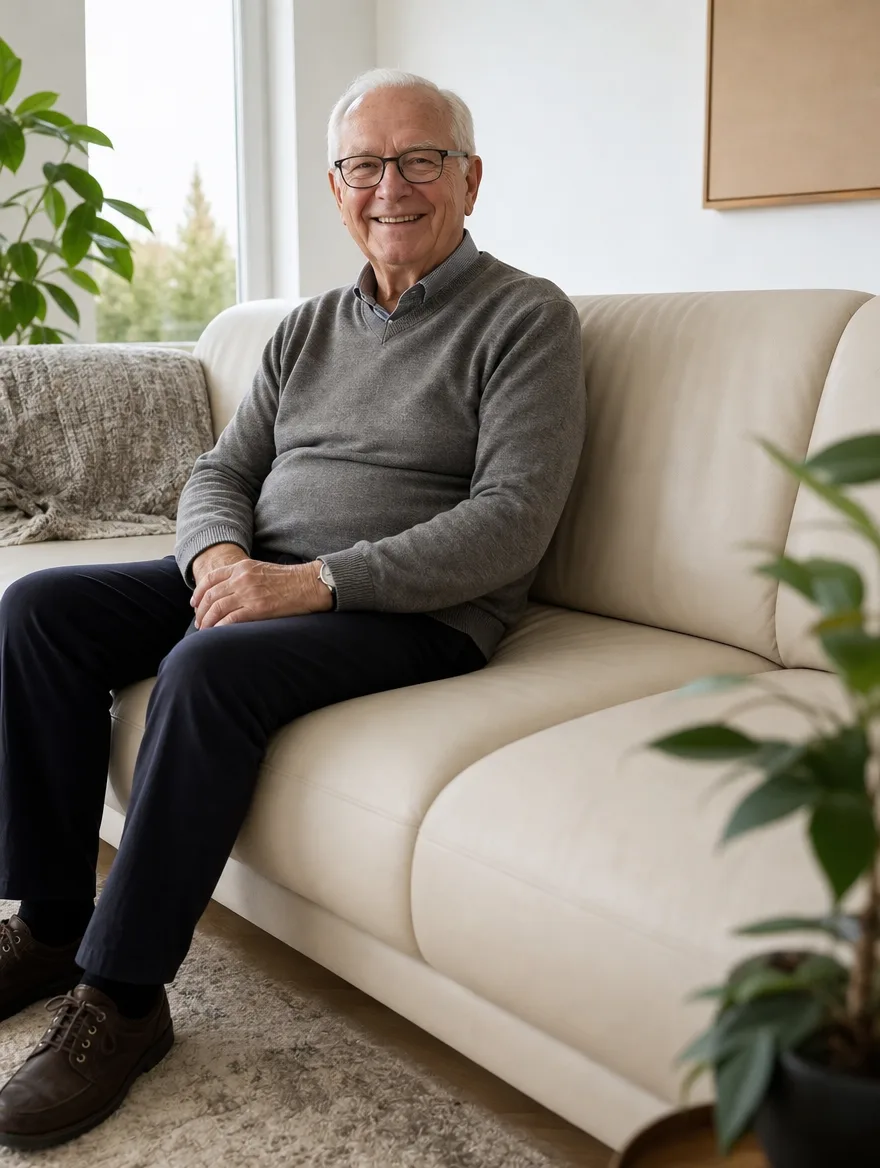 DeSede-Sofa im Wohnzimmer | älterer Mann mit weissem Haar und Brille | Möbel reparieren DeSede-Sofa nach der Polsterreparatur: älterer Mann mit weissem Haar und Brille im Wohnzimmer (Visualisierung, Möbel reparieren)