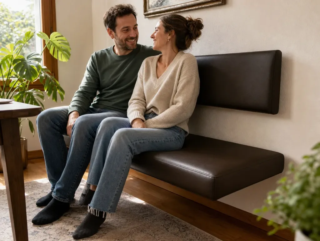 Sitzbank im Wohnzimmer | Paar nah beieinander | Massanfertigung Sitzbank nach der Massanfertigung: Paar nah beieinander im Wohnzimmer (Visualisierung, Massanfertigung)