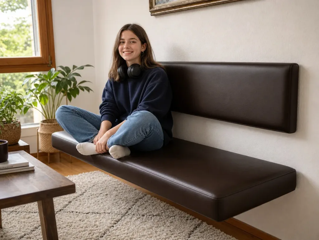 Sitzbank im Wohnzimmer | Teenagerin mit Kopfhörern im Schneidersitz | Polstermöbel nach Mass Sitzbank nach der Massanfertigung: Teenagerin mit Kopfhörern im Schneidersitz im Wohnzimmer (Visualisierung, Polstermöbel nach Mass)