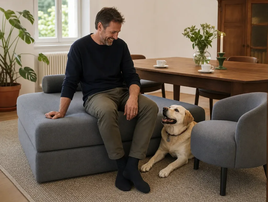 B&B-Italia-Sofa im Esszimmer | Mann mit Hund | Sofa neu beziehen B&B-Italia-Sofa nach dem Neubezug: Mann mit Hund im Esszimmer (Visualisierung, Sofa neu beziehen)