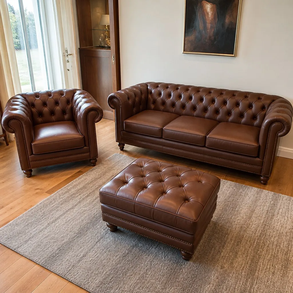 Chesterfield Polstergruppe nach der Restauration | Visualisierung | Polster restaurieren (2) Visualisierung: Chesterfield Polstergruppe nach der Restauration, Möbelrestauration bei der Egora Polsterei Wetzikon (Ansicht 2)