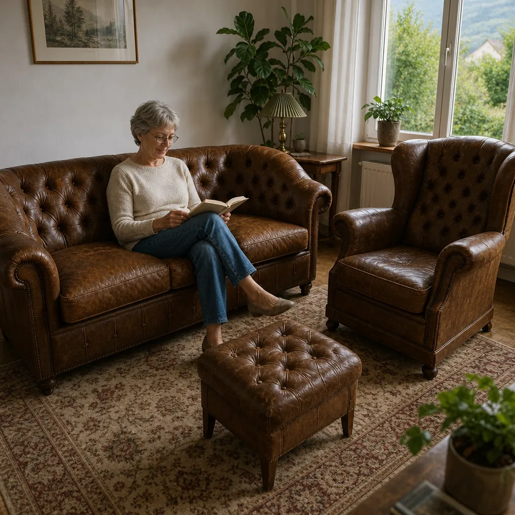 Chesterfield Polstergruppe im Wohnzimmer | Frau mit kurzen grauen Haaren beim Lesen | Polster restaurieren Chesterfield Polstergruppe nach der Restauration: Frau mit kurzen grauen Haaren beim Lesen im Wohnzimmer (Visualisierung, Polster restaurieren)