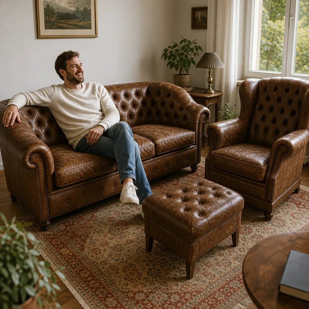 Chesterfield Polstergruppe im Wohnzimmer | Mann mit Bart lachend | Möbelrestauration Chesterfield Polstergruppe nach der Restauration: Mann mit Bart lachend im Wohnzimmer (Visualisierung, Möbelrestauration)