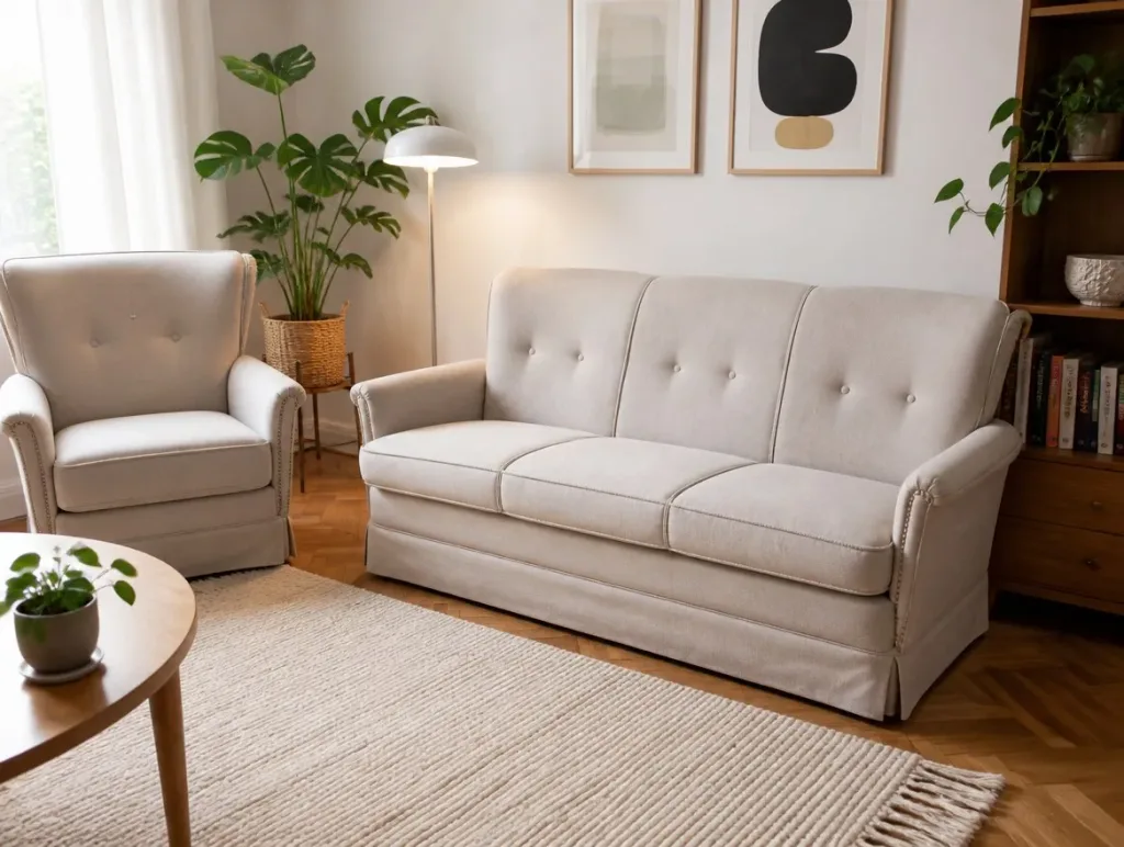 Sofa und Ohrensessel nach der Restauration | Visualisierung | Möbelrestauration Visualisierung: Sofa und Ohrensessel nach der Restauration, Polster restaurieren bei der Egora Polsterei Wetzikon