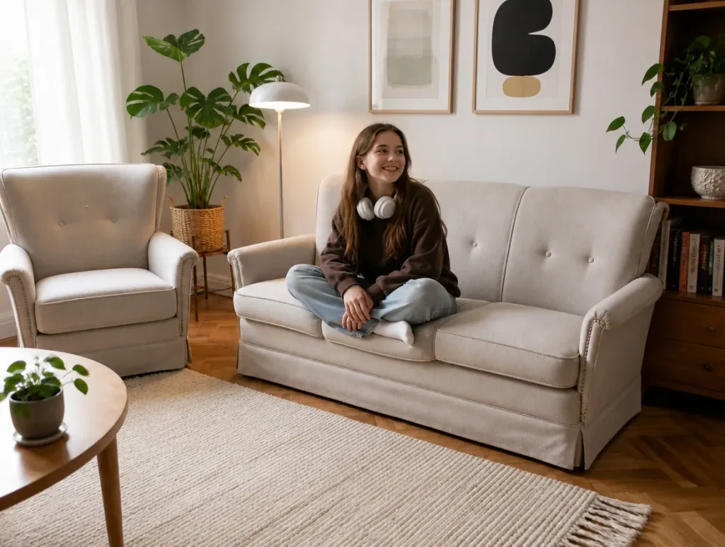 Sofa und Ohrensessel in der Leseecke | Teenagerin mit Kopfhörern im Schneidersitz | Polster restaurieren Sofa und Ohrensessel nach der Restauration: Teenagerin mit Kopfhörern im Schneidersitz in der Leseecke (Visualisierung, Polster restaurieren)
