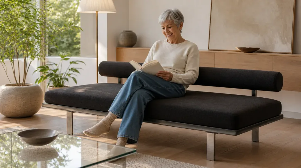 Daybed Lotus in der Leseecke | Frau mit kurzen grauen Haaren beim Lesen | Polster restaurieren Daybed Lotus nach der Restauration: Frau mit kurzen grauen Haaren beim Lesen in der Leseecke (Visualisierung, Polster restaurieren)