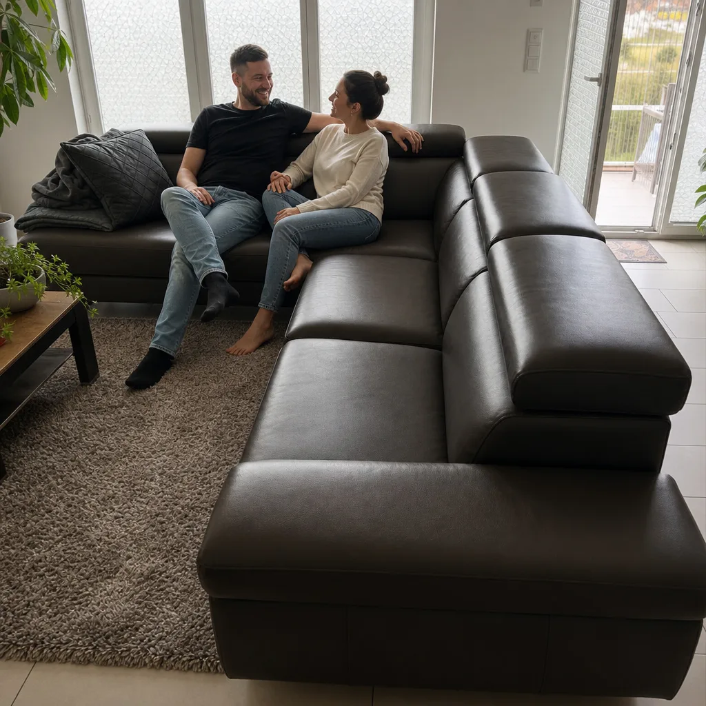 Ledersofa im Wohnzimmer | Paar nah beieinander | Möbel reparieren Ledersofa nach der Polsterreparatur: Paar nah beieinander im Wohnzimmer (Visualisierung, Möbel reparieren)