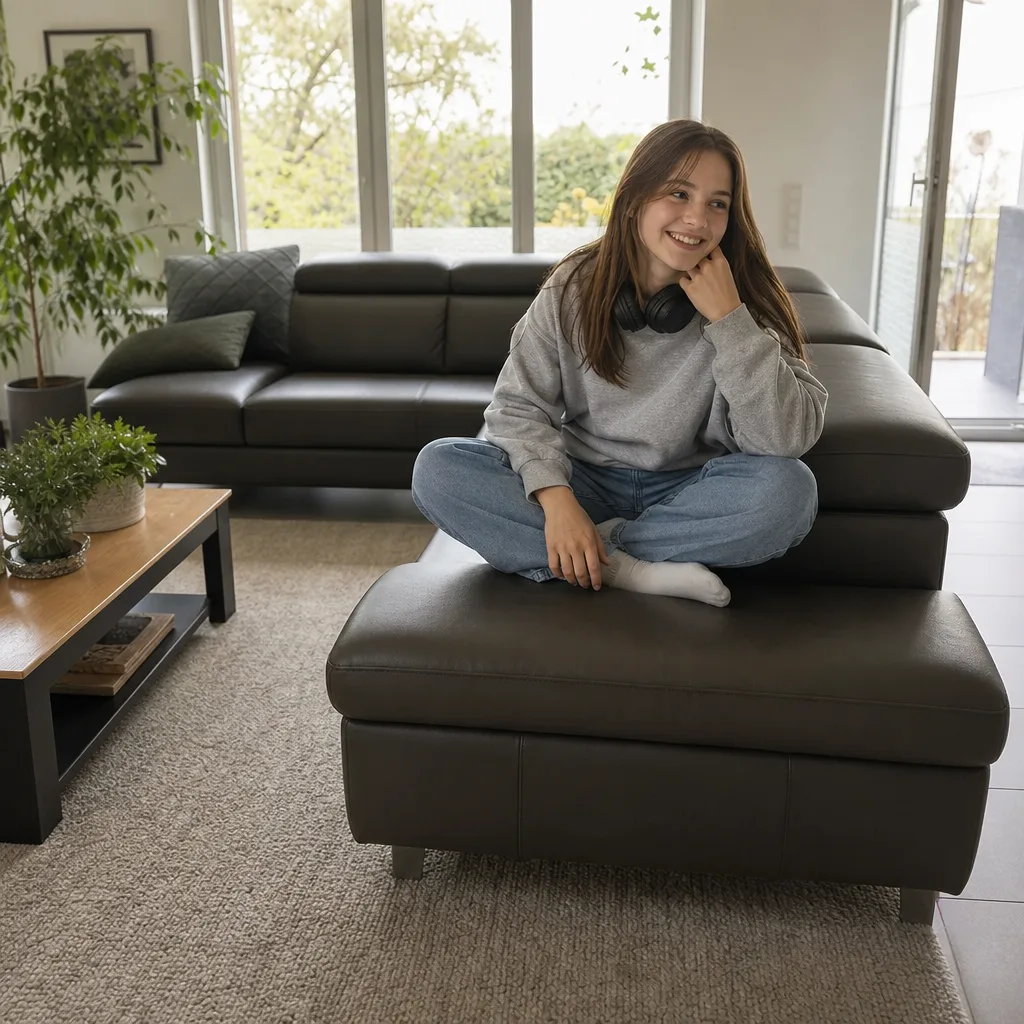 Ledersofa im Wohnzimmer | Teenagerin mit Kopfhörern im Schneidersitz | Polsterreparatur Ledersofa nach der Polsterreparatur: Teenagerin mit Kopfhörern im Schneidersitz im Wohnzimmer (Visualisierung, Polsterreparatur)