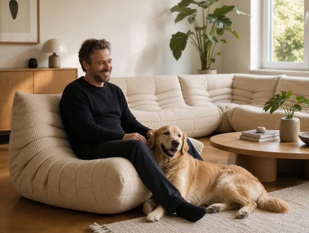 Togo Sofa in Cord im Wohnzimmer | Mann mit Hund | Neubezug Togo Sofa in Cord nach dem Neubezug: Mann mit Hund im Wohnzimmer (Visualisierung, Neubezug)