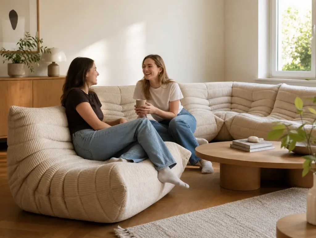 Togo Sofa in Cord im Wohnzimmer | zwei Freunde im Gespräch | Sofa neu beziehen Togo Sofa in Cord nach dem Neubezug: zwei Freunde im Gespräch im Wohnzimmer (Visualisierung, Sofa neu beziehen)