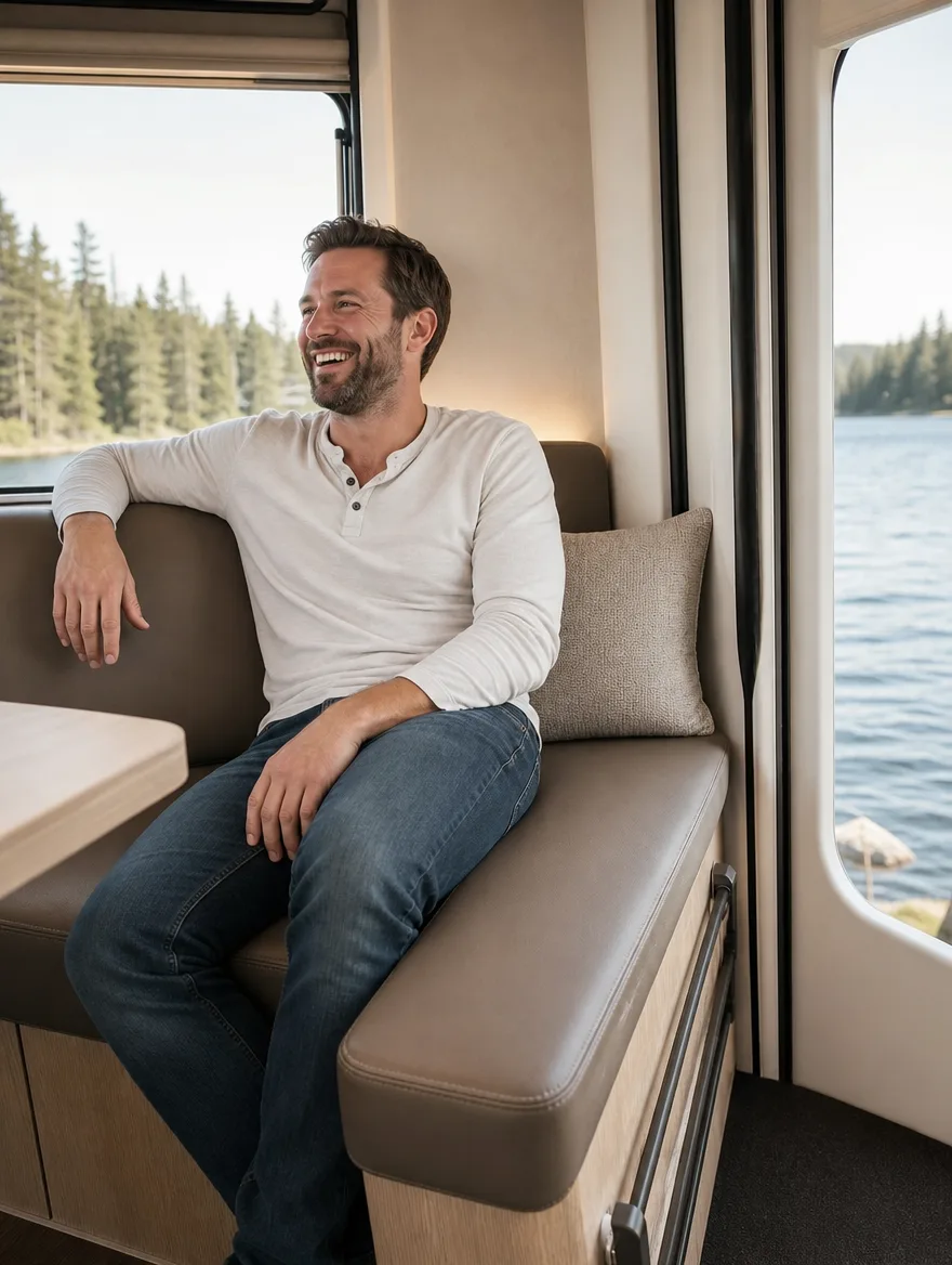Wohnmobil-Polster im Wohnmobil | Mann mit Bart lachend | Camper Polsterung Wohnmobil-Polster nach der Neupolsterung: Mann mit Bart lachend im Wohnmobil (Visualisierung, Camper Polsterung)
