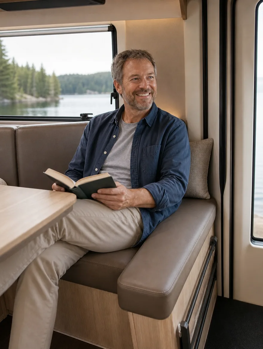 Wohnmobil-Polster im Wohnmobil | Mann mit Buch | Wohnmobil Polster Wohnmobil-Polster nach der Neupolsterung: Mann mit Buch im Wohnmobil (Visualisierung, Wohnmobil Polster)
