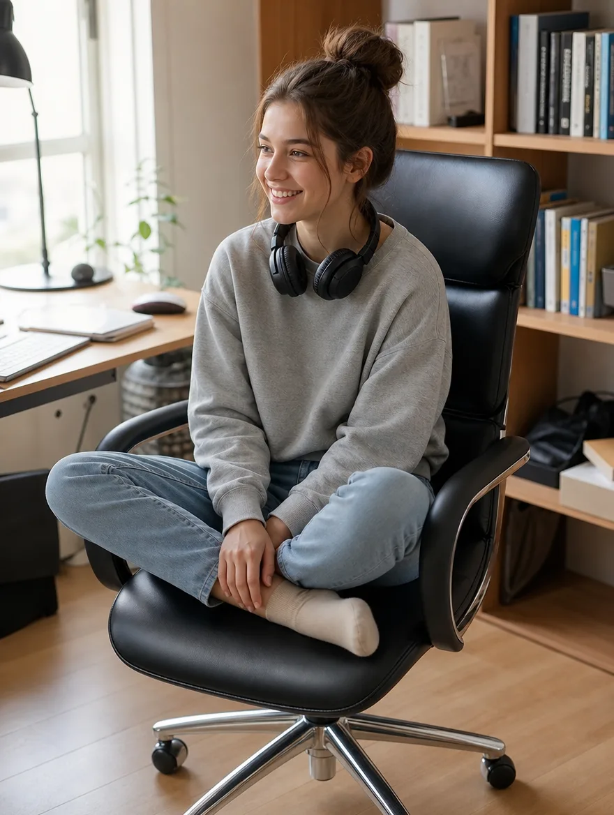 Giroflex-Bürostuhl im Home-Office | Teenagerin mit Kopfhörern im Schneidersitz | Polsterreparatur Giroflex-Bürostuhl nach der Polsterreparatur: Teenagerin mit Kopfhörern im Schneidersitz im Home-Office (Visualisierung, Polsterreparatur)