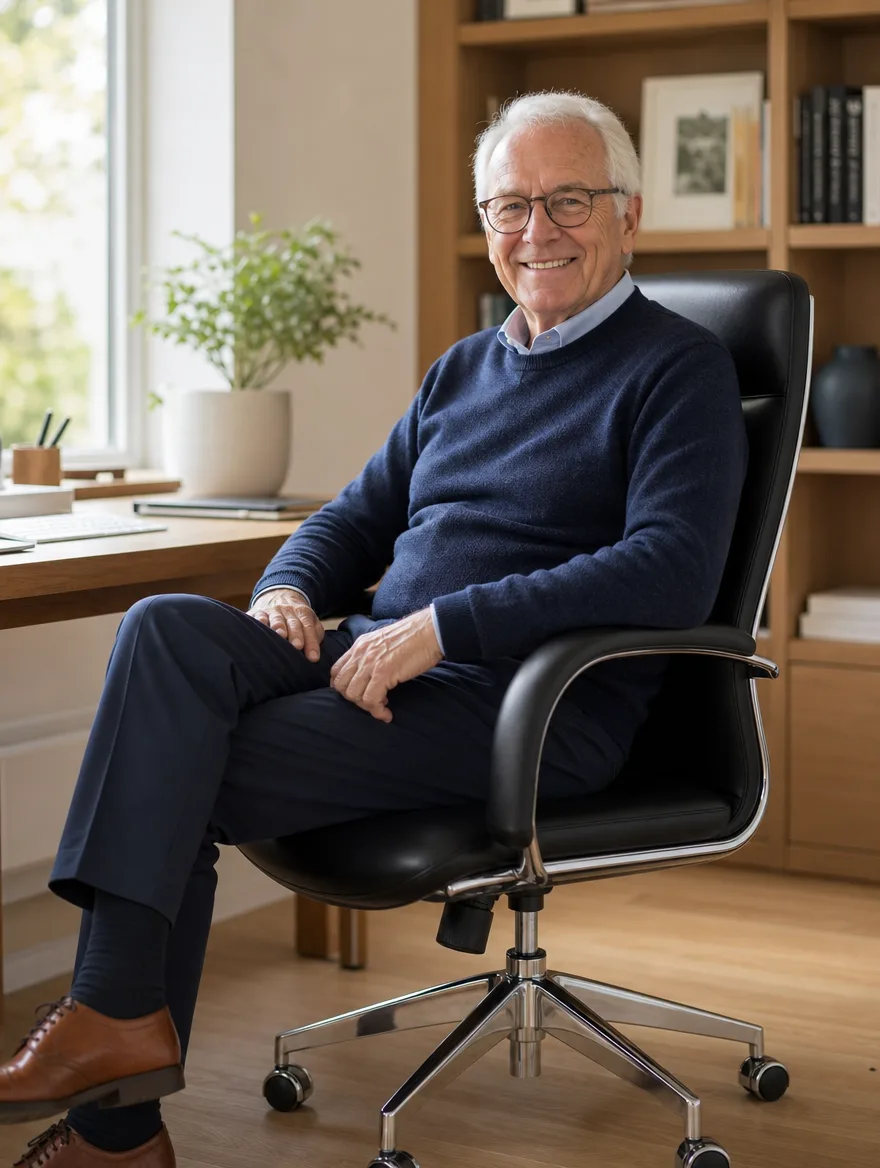 Giroflex-Bürostuhl nach der Polsterreparatur: älterer Mann mit weissem Haar und Brille im Home-Office (Visualisierung, Möbel reparieren)