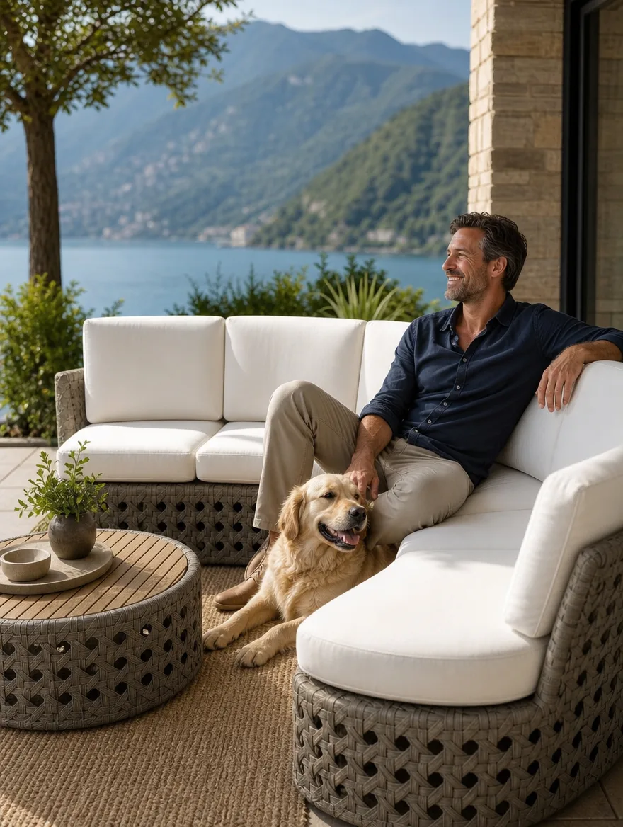 Gartenlounge Kissen auf der Terrasse | Mann mit Hund | Massanfertigung Gartenlounge Kissen nach der Massanfertigung: Mann mit Hund auf der Terrasse (Visualisierung, Massanfertigung)