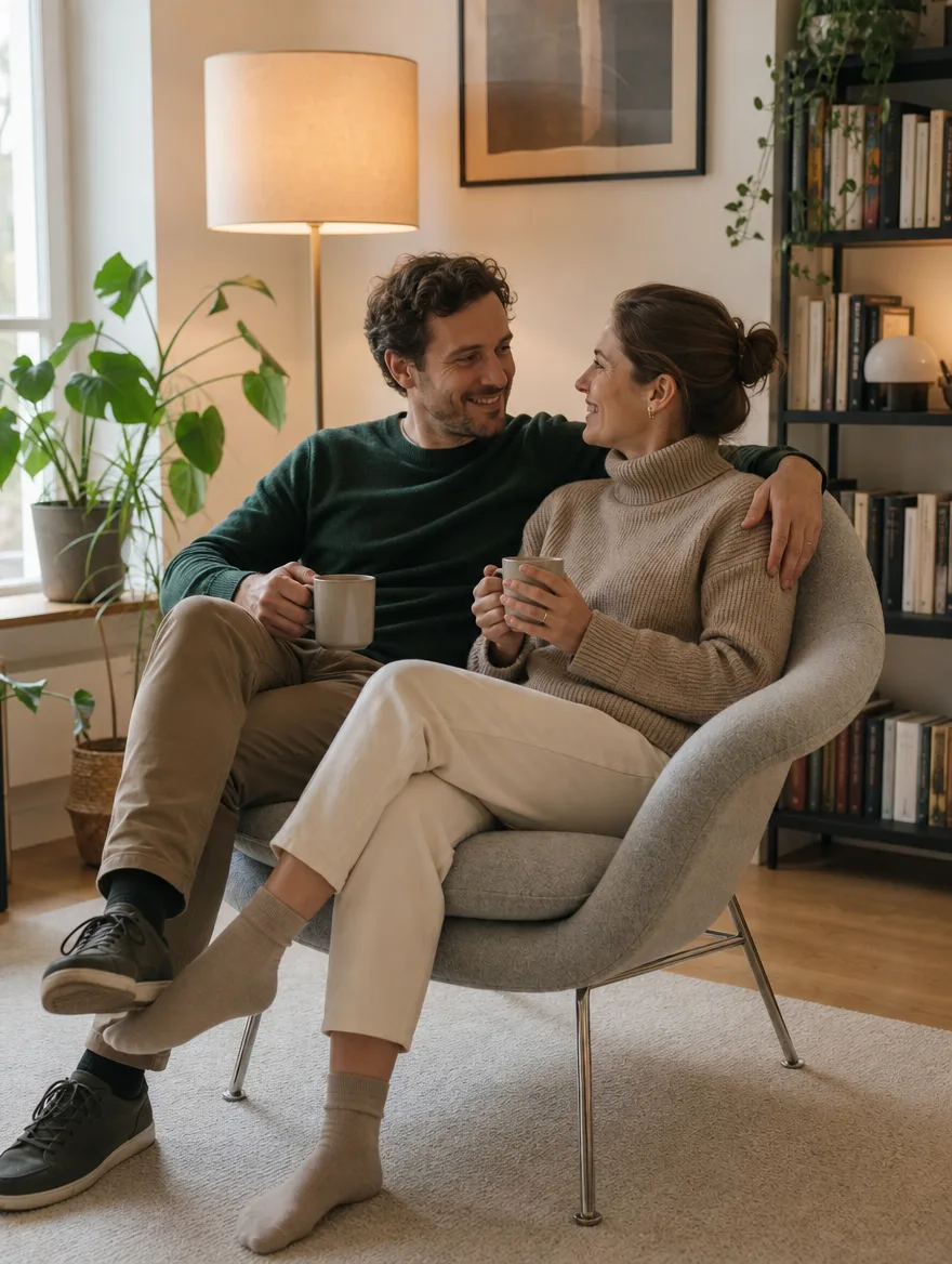 Knoll Womb Chair in der Leseecke | Paar nah beieinander | Möbel reparieren Knoll Womb Chair nach der Polsterreparatur: Paar nah beieinander in der Leseecke (Visualisierung, Möbel reparieren)