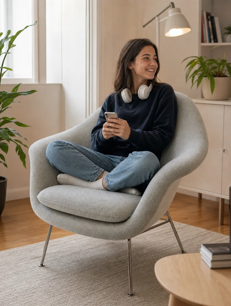 Knoll Womb Chair in der Leseecke | Teenagerin mit Kopfhörern im Schneidersitz | Polsterreparatur Knoll Womb Chair nach der Polsterreparatur: Teenagerin mit Kopfhörern im Schneidersitz in der Leseecke (Visualisierung, Polsterreparatur)