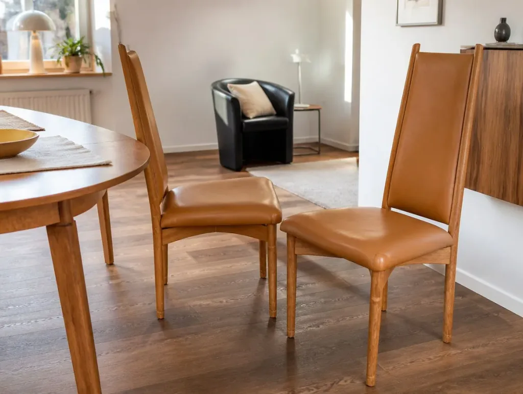Holzstühle mit Leder nach der Restauration | Visualisierung | Polster restaurieren Visualisierung: Holzstühle mit Leder nach der Restauration, Möbelrestauration bei der Egora Polsterei Wetzikon