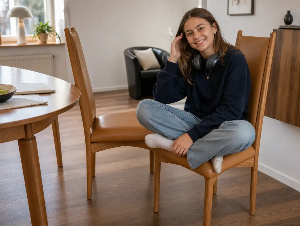 Holzstühle mit Leder im Esszimmer | Teenagerin mit Kopfhörern im Schneidersitz | Polster restaurieren Holzstühle mit Leder nach der Restauration: Teenagerin mit Kopfhörern im Schneidersitz im Esszimmer (Visualisierung, Polster restaurieren)