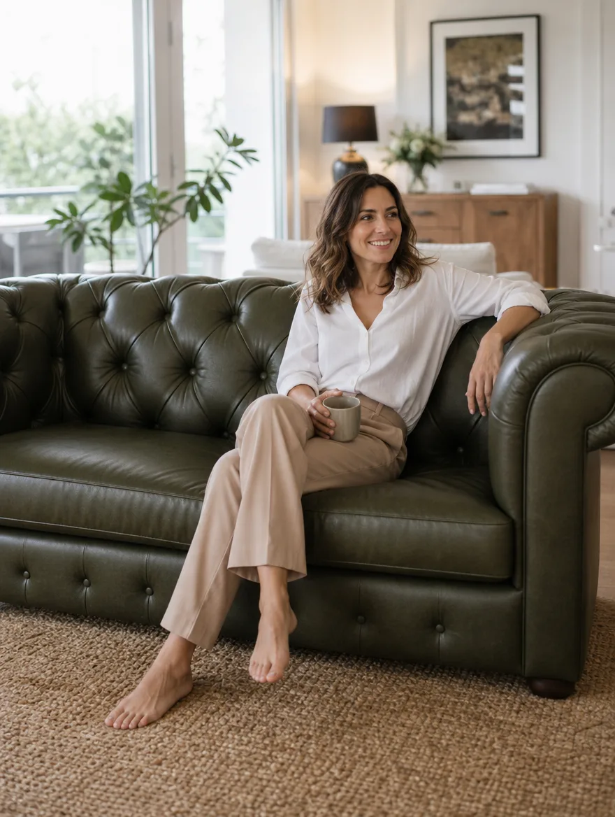 Chesterfield Polstergruppe im Wohnzimmer | Frau nach der Arbeit | Ledersofa Reparatur Chesterfield Polstergruppe nach der Lederaufarbeitung: Frau nach der Arbeit im Wohnzimmer (Visualisierung, Ledersofa Reparatur)