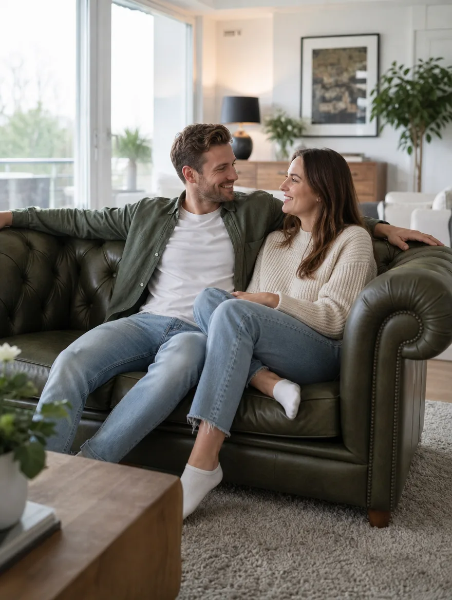 Chesterfield Polstergruppe im Wohnzimmer | Paar nah beieinander | Lederreparatur Chesterfield Polstergruppe nach der Lederaufarbeitung: Paar nah beieinander im Wohnzimmer (Visualisierung, Lederreparatur)