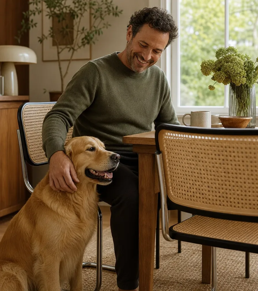 Stuhl mit Rohrgeflecht im Esszimmer | Mann mit Hund | Polster restaurieren Stuhl mit Rohrgeflecht nach der Restauration: Mann mit Hund im Esszimmer (Visualisierung, Polster restaurieren)