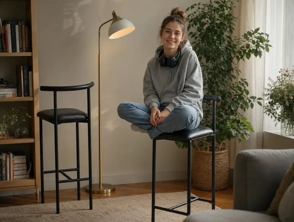 Barhocker in der Leseecke | Teenagerin mit Kopfhörern im Schneidersitz | Neubezug Barhocker nach dem Neubezug: Teenagerin mit Kopfhörern im Schneidersitz in der Leseecke (Visualisierung, Neubezug)