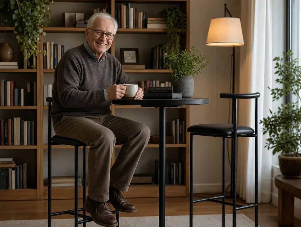 Barhocker in der Leseecke | älterer Mann mit weissem Haar und Brille | Sofa neu beziehen Barhocker nach dem Neubezug: älterer Mann mit weissem Haar und Brille in der Leseecke (Visualisierung, Sofa neu beziehen)