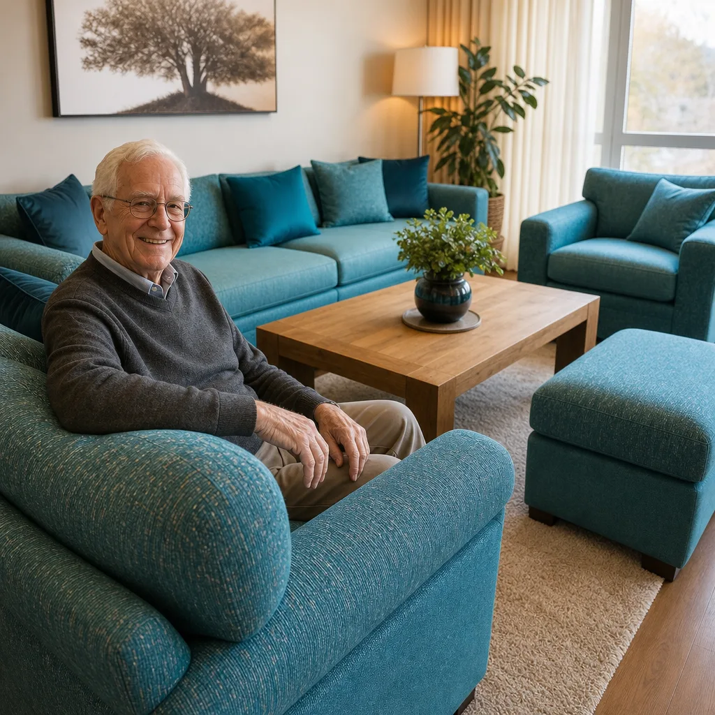 Polstergruppe im Wohnzimmer | älterer Mann mit weissem Haar und Brille | Sofa neu beziehen Polstergruppe nach dem Neubezug: älterer Mann mit weissem Haar und Brille im Wohnzimmer (Visualisierung, Sofa neu beziehen)