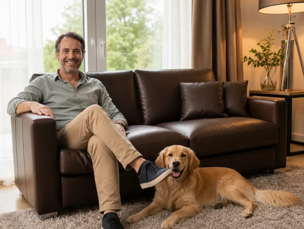 Ledersofa im Wohnzimmer | Mann mit Hund | Sofa neu beziehen Ledersofa nach dem Neubezug: Mann mit Hund im Wohnzimmer (Visualisierung, Sofa neu beziehen)