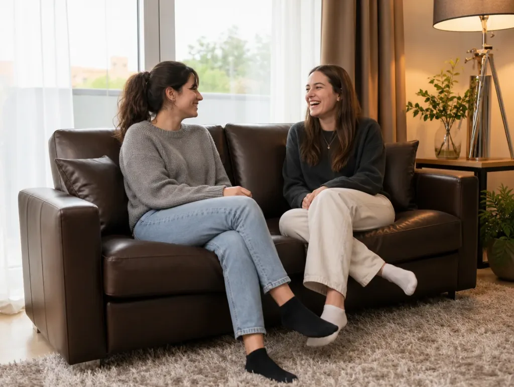 Ledersofa im Wohnzimmer | zwei Freunde im Gespräch | Neubezug Ledersofa nach dem Neubezug: zwei Freunde im Gespräch im Wohnzimmer (Visualisierung, Neubezug)