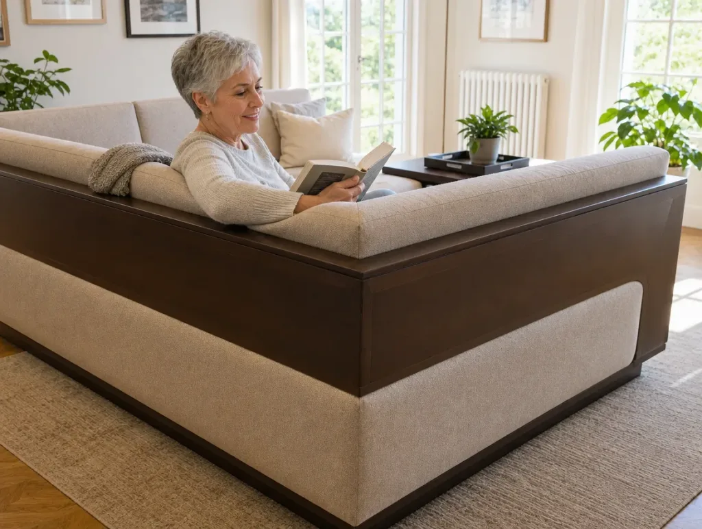 Ecksofa im Wohnzimmer | Frau mit kurzen grauen Haaren beim Lesen | Sofa neu beziehen Ecksofa nach dem Neubezug: Frau mit kurzen grauen Haaren beim Lesen im Wohnzimmer (Visualisierung, Sofa neu beziehen)