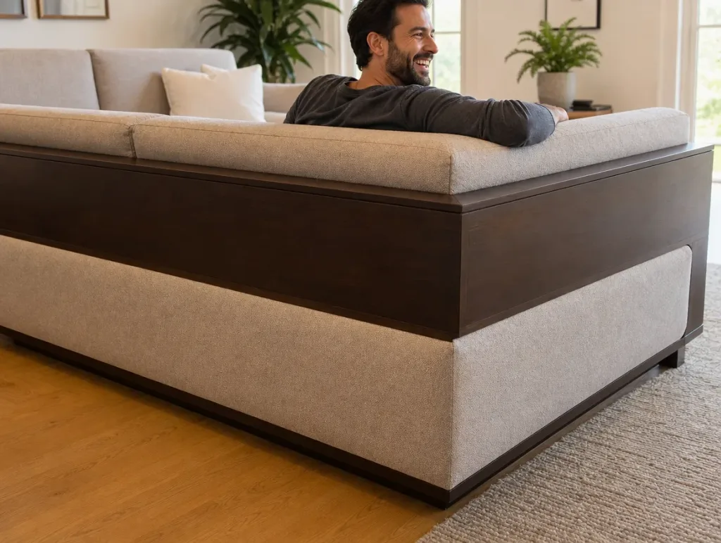 Ecksofa im Wohnzimmer | Mann mit Bart lachend | Neubezug Ecksofa nach dem Neubezug: Mann mit Bart lachend im Wohnzimmer (Visualisierung, Neubezug)