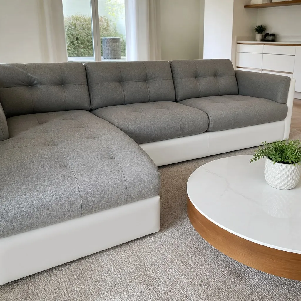 Ecksofa mit Ledersockel nach dem Neubezug | Visualisierung | Sofa neu beziehen Visualisierung: Ecksofa mit Ledersockel nach dem Neubezug, Neubezug bei der Egora Polsterei Wetzikon