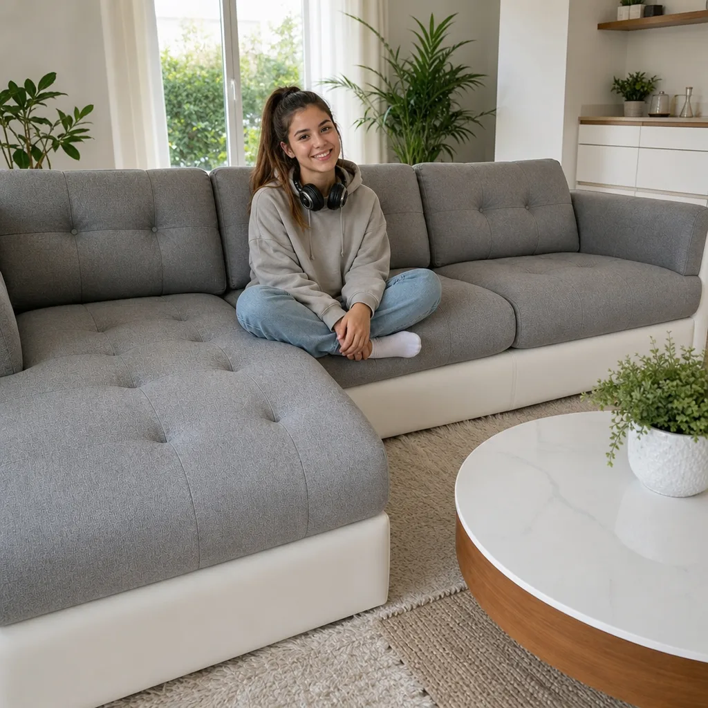 Ecksofa mit Ledersockel im Wohnzimmer | Teenagerin mit Kopfhörern im Schneidersitz | Sofa neu beziehen Ecksofa mit Ledersockel nach dem Neubezug: Teenagerin mit Kopfhörern im Schneidersitz im Wohnzimmer (Visualisierung, Sofa neu beziehen)
