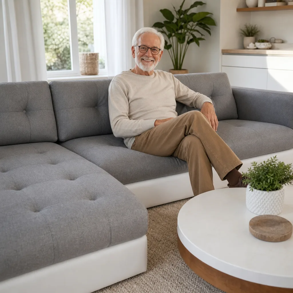 Ecksofa mit Ledersockel im Wohnzimmer | älterer Mann mit weissem Haar und Brille | Neubezug Ecksofa mit Ledersockel nach dem Neubezug: älterer Mann mit weissem Haar und Brille im Wohnzimmer (Visualisierung, Neubezug)