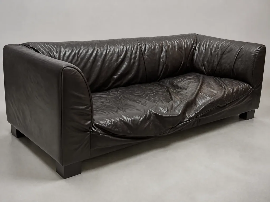 Die stark gesunkene Sitzfläche der braunen Leders-Chaiselongue, aufgenommen von der Kundin | Chaiselongue Chaiselongue Neubezug: Die stark gesunkene Sitzfläche der braunen Leders-Chaiselongue, aufgenommen von der Kundin