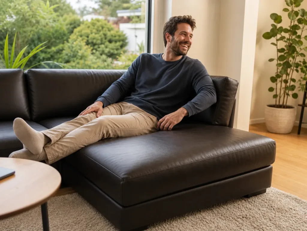 Chaiselongue im Wohnzimmer | Mann mit Bart lachend | Sofa neu beziehen Chaiselongue nach dem Neubezug: Mann mit Bart lachend im Wohnzimmer (Visualisierung, Sofa neu beziehen)